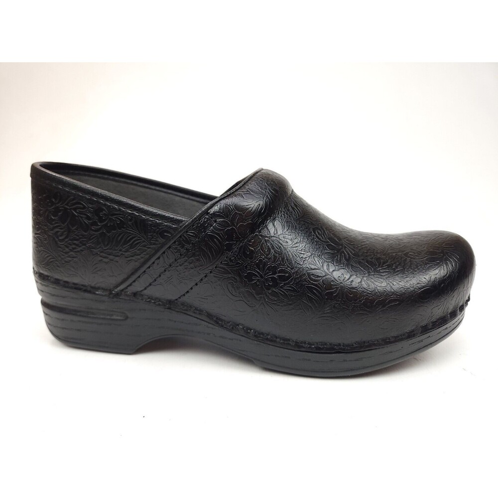 Dansko XP Black Tooled Embossed Floral Clog Nursing Shoes 38/US 7.5-8